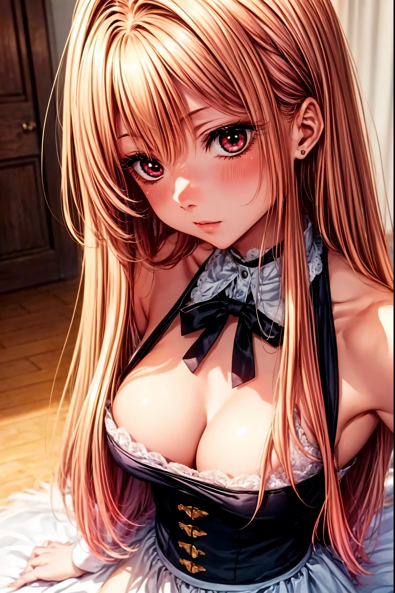 (masterpiece:1.2), (Best quality at best:1.2), perfect eyes, perfect face, 1 Girl, Alone, 8K, Best Quality, large breast,(Detailed description of hair), (Detailed description of face),(Detailed description of body), fair and clear skin, matchless beauty, long legged, facing the audience, professional photographic lighting, kitagawa Marin, blonde long hair gradient to pink hair, red eyeball, maid costume, ssmile