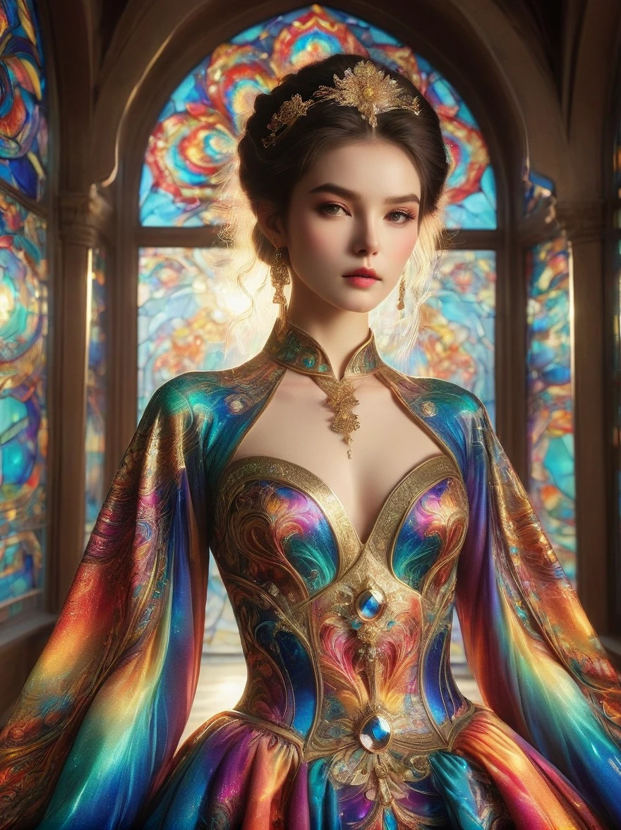 A photo of an exquisite dress，Its design is influenced by the art of glass gilded with bright colors and rich patterns.，This dress has a spectrum of lustre，The richness of the cathedral windows、Deep golden hue。This creative fusion of fashion and art，A kaleidoscope of golden colors flows on the fabric，Gives people a kind of light shining through the gold-plated glass。The dress was worn by a different group of models，Each model emphasizes the beauty and uniqueness of the dress。