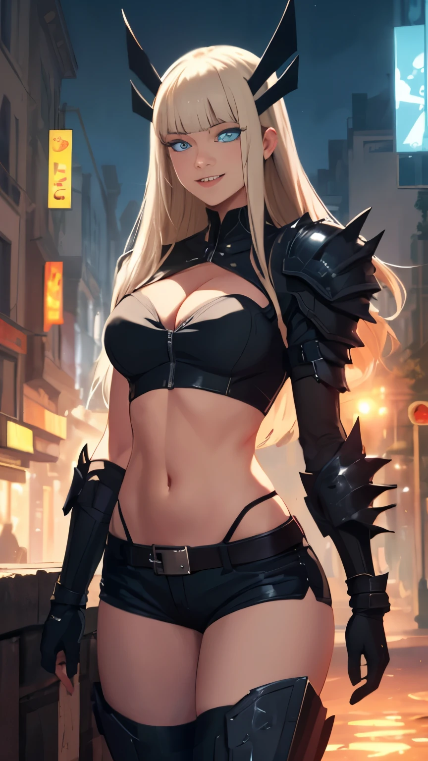 (Highly quality, masterpiece, detailed), night city detailed scenario, night city detailed background, 1girl, Magik, midriff, thigh highs, gloves, short shorts, cleavage, evil smile, armored, glowing blue eyes, navel, perfect face, beautiful eyes, looking at the viewer, Sexy pose