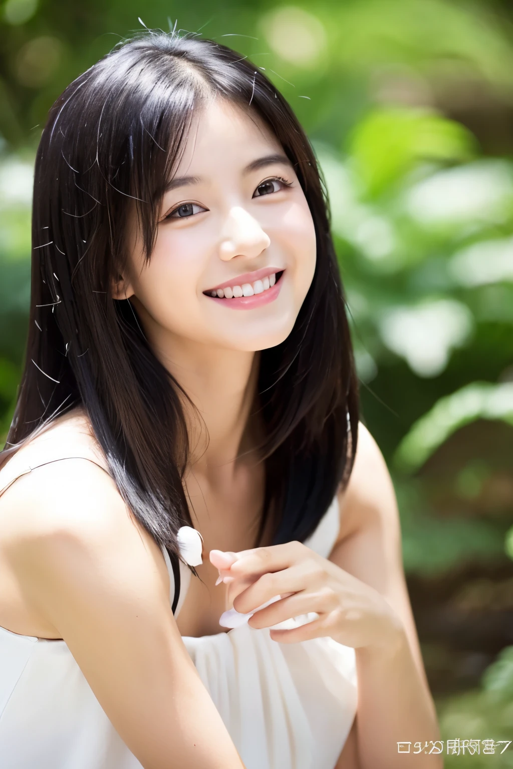 healthy、Beauty、nature、white dress、Japanese、black hair、straight hair、long hair、smiling
