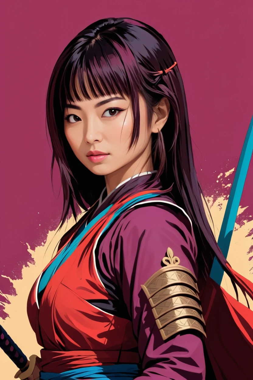 Japanese woman warrior, digital artwork, bold lines, vibrant, saturated colors 