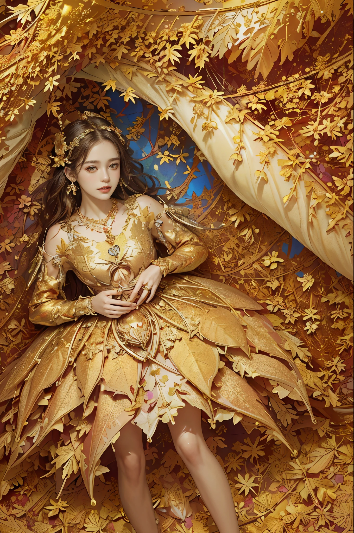 (masterpiece, top quality, best quality, official art, beautiful and aesthetic:1.2),Gold Leaf Art,(1girl:1.3), extremely detailed,(fractal art:1.1),(colorful:1.1)(flowers:1.3),highest detailed,(zentangle:1.2), full body, (abstract background:1.3), (shiny skin), (many colors:1.4),(earrings,necklace),(dress made of golden leaves:1.5), joyful smile