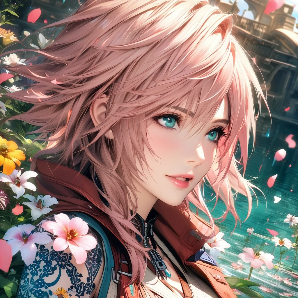 Ultra detailed, highres, absurdres, HDR, Claire Farron, wavy pink short hair, pale aqua eyes, Final Fantasy XIII, extremely beautiful, 1 woman only, white clothes with patterns, Lightning Farron, flowers and petals, water