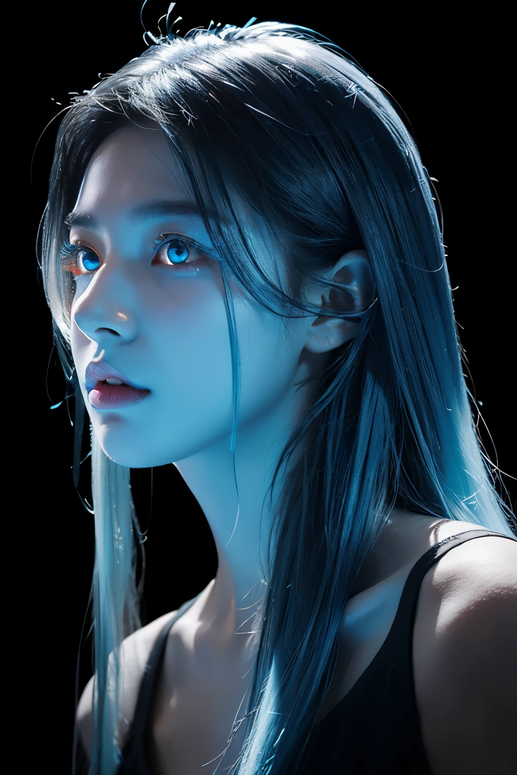 Best quality at best,Perfect masterpiece,Perfect artwork,official works,8K,(portrait of upper body:1.5),(looking aside:1.5),Close-up shot,Blue long-haired girl,(lightblue hair:1.3),(Blue transparent glowing eyes:1.5),merfolk，the ocean,(with black background:1.3),k hd,detail representation,c4d,3D,octaneratingrendering,ray traycing,Complicated details,Animated lights,Renderer,