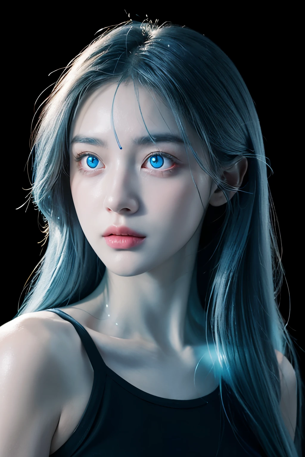 Best quality at best,Perfect masterpiece,Perfect artwork,official works,8K,(portrait of upper body:1.5),(looking aside:1.5),Close-up shot,Blue long-haired girl,(lightblue hair:1.3),(Blue transparent glowing eyes:1.5),merfolk，the ocean,(with black background:1.3),k hd,detail representation,c4d,3D,octaneratingrendering,ray traycing,Complicated details,Animated lights,Renderer,
