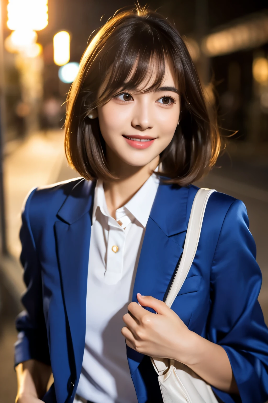 product quality, 1girl, upper body shot, front view, a Japanese young pretty woman, long bob hair, walking alone with a big smile on a crowded sidewalk in the night, glamorous figure, wearing a dark blue blazer over a white collared silky satin shirt, shiny satin dark blue plain long tie, dark blue pleated long skirt, school bag over her shoulder, hyper cute face, glossy lips, double eyelids in both eyes, natural makeup, long eyelashes, shiny smooth light brown long bob hair, asymmetrical bangs, central image, high resolution, high detail, detailed hairstyle, detailed face, spectacular cinematic lighting, octane rendering, vibrant, hyper realistic, perfect limbs, perfect anatomy