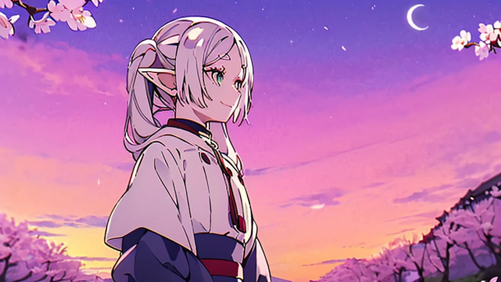 ((highest quality, super detailed woman:1.3)),(White hair,elfs ears,green eyes,shining eyes,small,small Rounded eyebrows ,long twin tail:1.2),(landscape photography:1.2), (highly detailed background:1.2),(lonely smile, ennui, look up, cherry blossoms, cherry blossom,standing, midnight, moon:1.3),(1 girl,Solo:1.3),from side