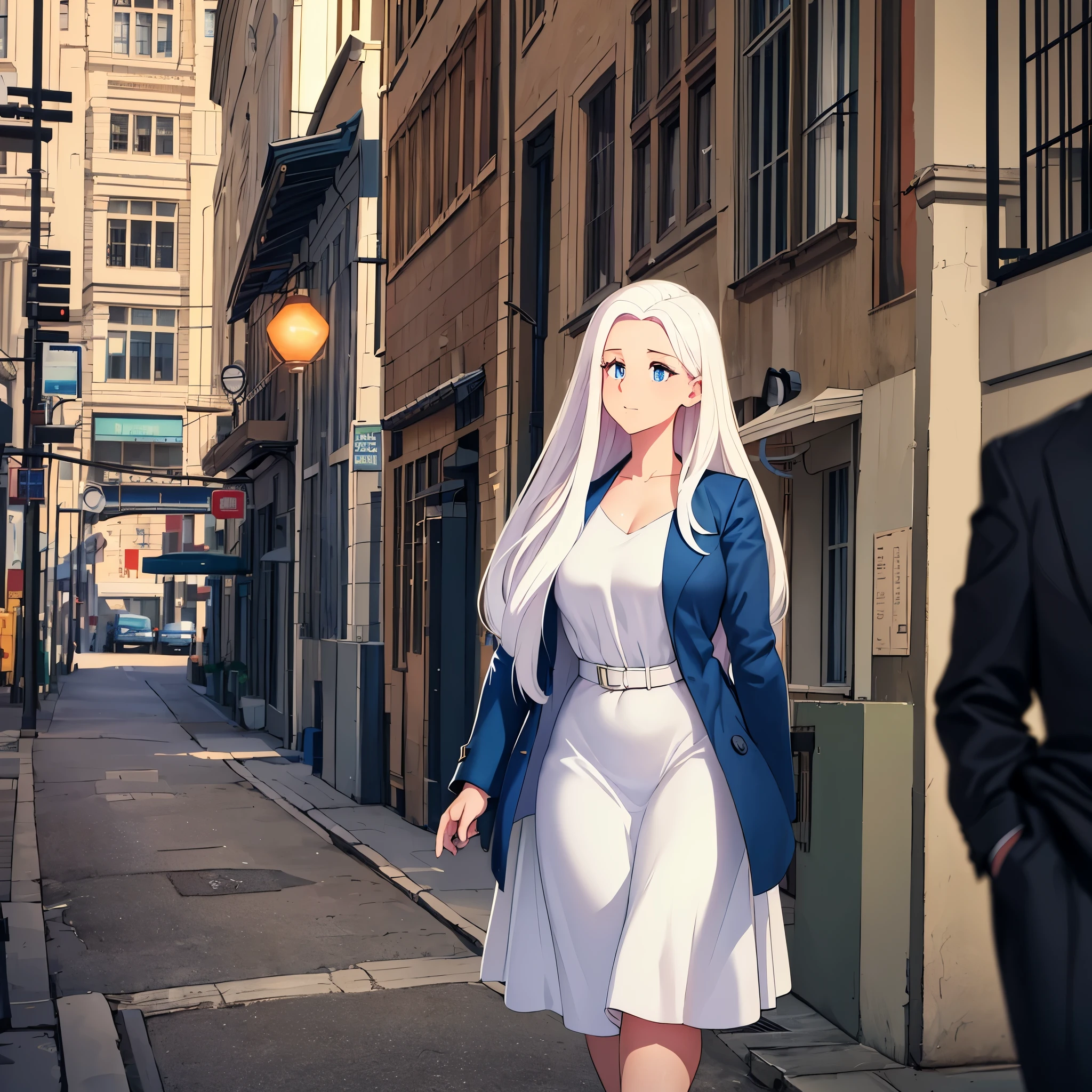 (best quality,4k,8k,highres,masterpiece:1.2),ultra-detailed,physically-based rendering,portraits,realistic,photorealistic:1.37,studio lighting,HDR,UHD,vivid colors,bokeh,A woman in a vibrant blue coat, with a delicate white dress, clear blue eyes, and flowing, long white hair. She stands gracefully in the center of a bustling 1950s city street in the United States, surrounded by iconic 1950s architecture. The cityscape features classic mid-century buildings, with sleek lines and elegant details. The woman exudes timeless elegance and style as she walks confidently through the city, capturing the essence of the era. The scene is bathed in warm and golden light, casting beautiful shadows and adding depth to the composition. The colors are rich and vibrant, with a touch of nostalgia, evoking the spirit of the 1950s. The overall atmosphere is enchanting, with a hint of mystery and intrigue.