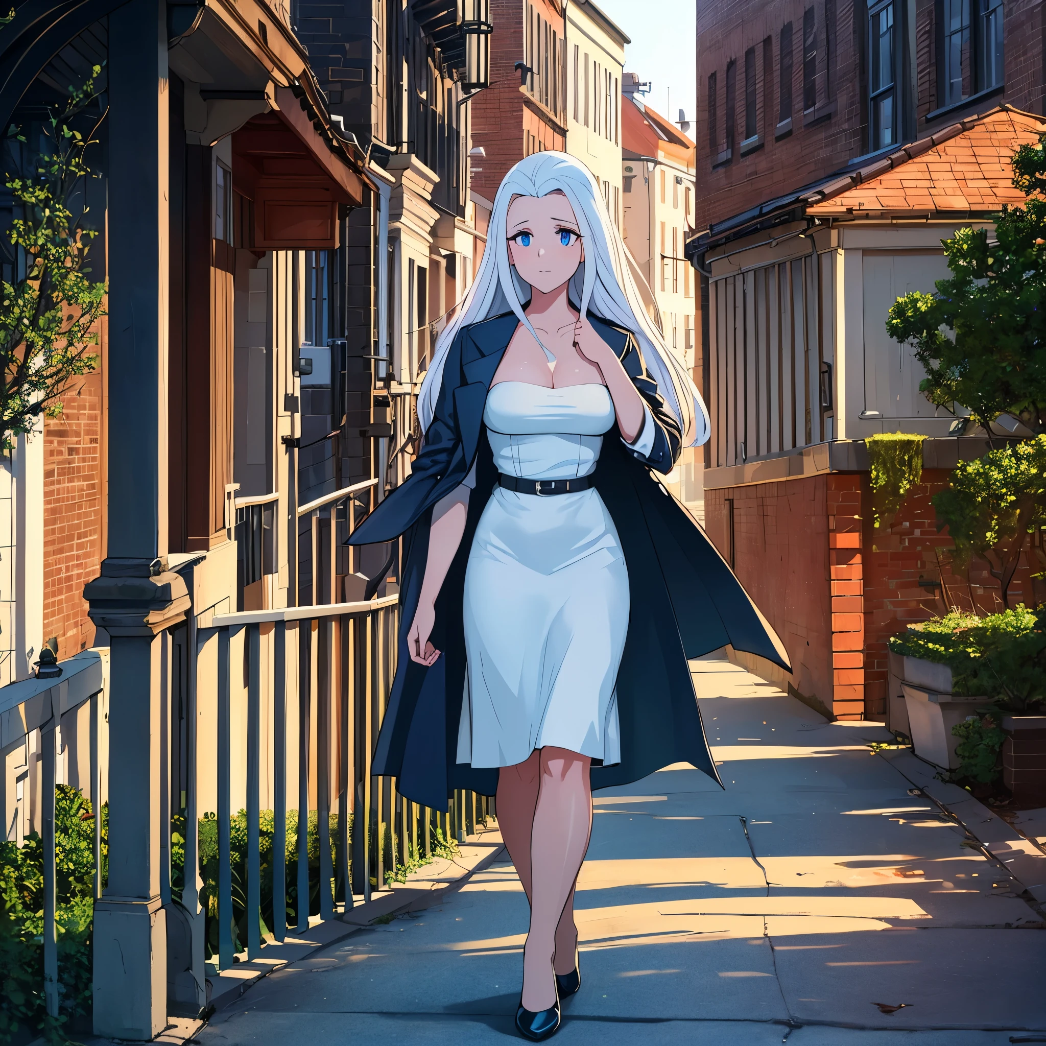 Silver-haired woman in a dress, 1womanl, standing alone, summer dress, photorealisitic, 真实感, realisitic, ten mens