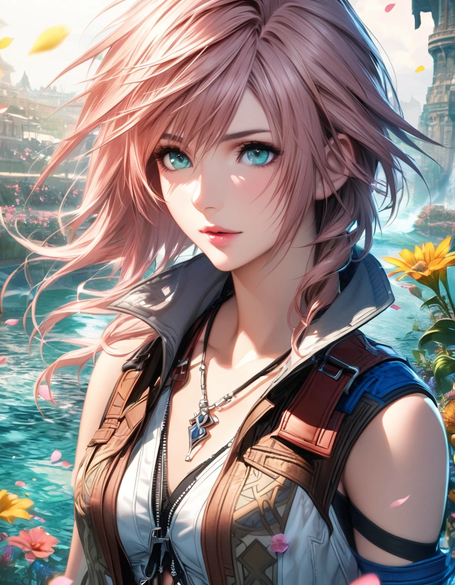 Ultra detailed, highres, absurdres, HDR, Claire Farron, wavy pink short hair, pale aqua eyes, Final Fantasy XIII, extremely beautiful, 1 woman only, white clothes with patterns, Lightning Farron, flowers and petals, water