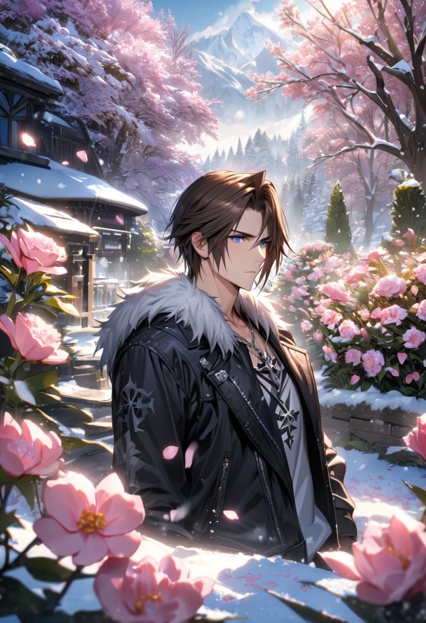 absurdres, highres, ultra detailed, HDR, masterpiece, Squall Leonhart, brown hair, expressive blue eyes, Final Fantasy, 1man, handsome, garden, snow, snowflakes, pink petals, pink flowers, pink butterflies