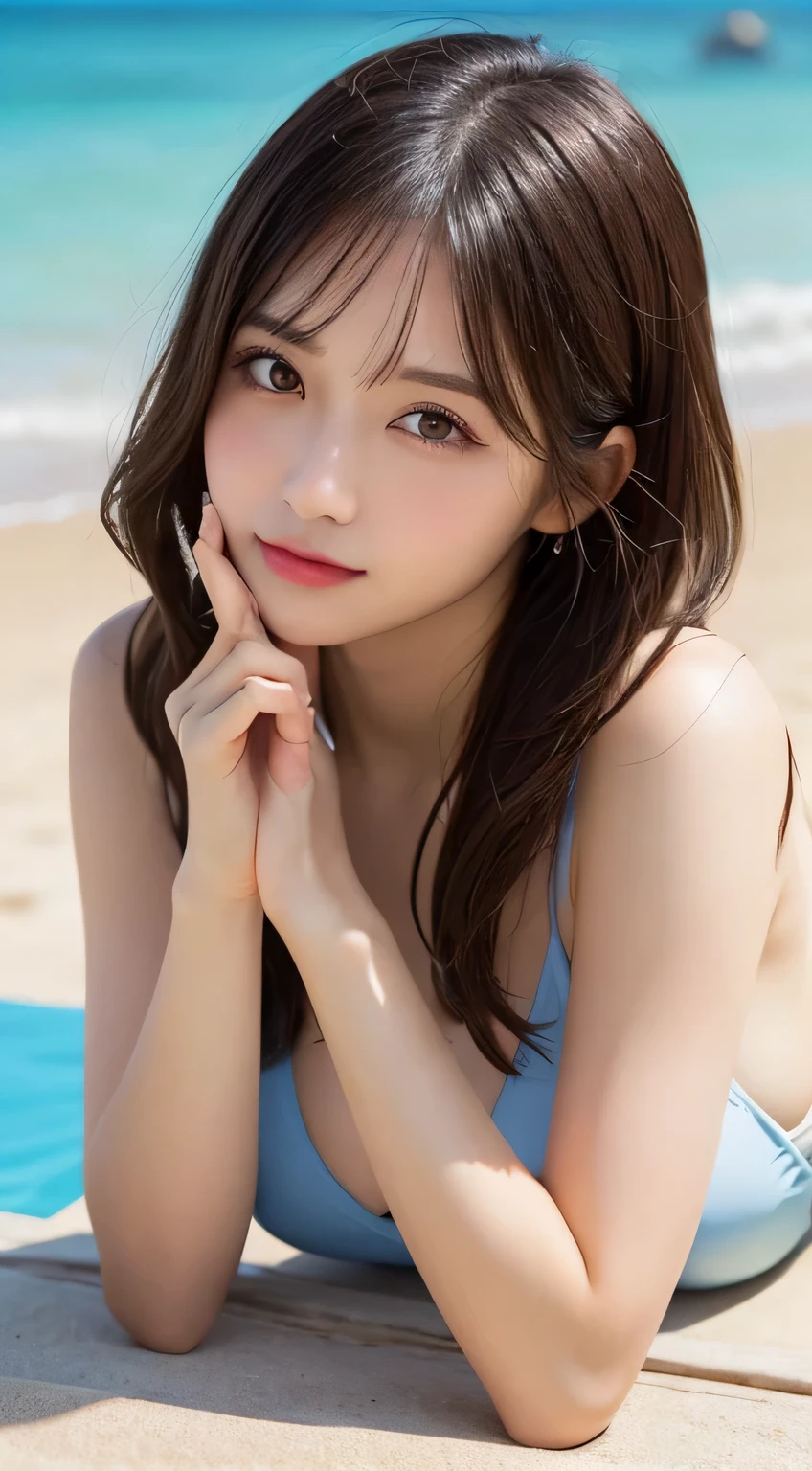 table top, highest quality, figure, Super detailed, finely, High resolution, 8k wallpaper, Perfect dynamic composition figure, detailed and beautiful eyes, swimsuit, natural color lip,beach, random cute poses, kissing face