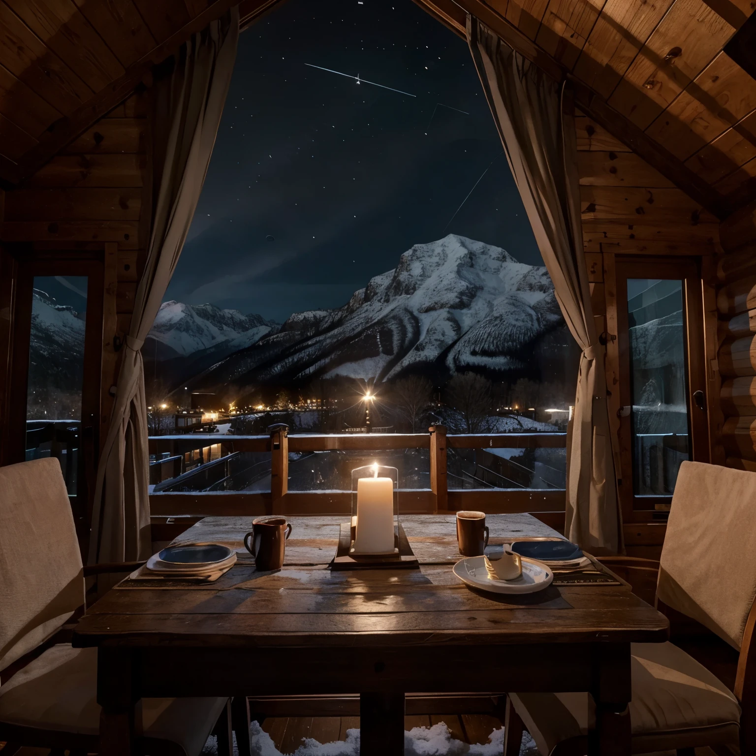 cozy cabin inside, snowy outside, mountains outside, candle on table, night time, snowing outside, beautiful view, cozy