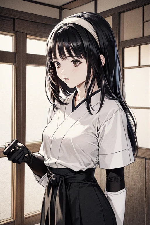 (8K、top-quality、​masterpiece:1.2)、(realisitic、ultra-detailliert、超A high resolution、1 girl,beautifull detailed face,perfect body,((pony tale,long black hair)),((daytime)),Constriction、(Slim waist) :1.3)、Beautiful detailed skin、Skin Texture、Floating hair、Professional Lighting,stately mansion,(full body:1.0),long shot,(japanese hakama:1.2,samurai, japanese clothes,gloves,grabing japanese sword,(japanese hair band:1.2),pony tail,black hair,serious