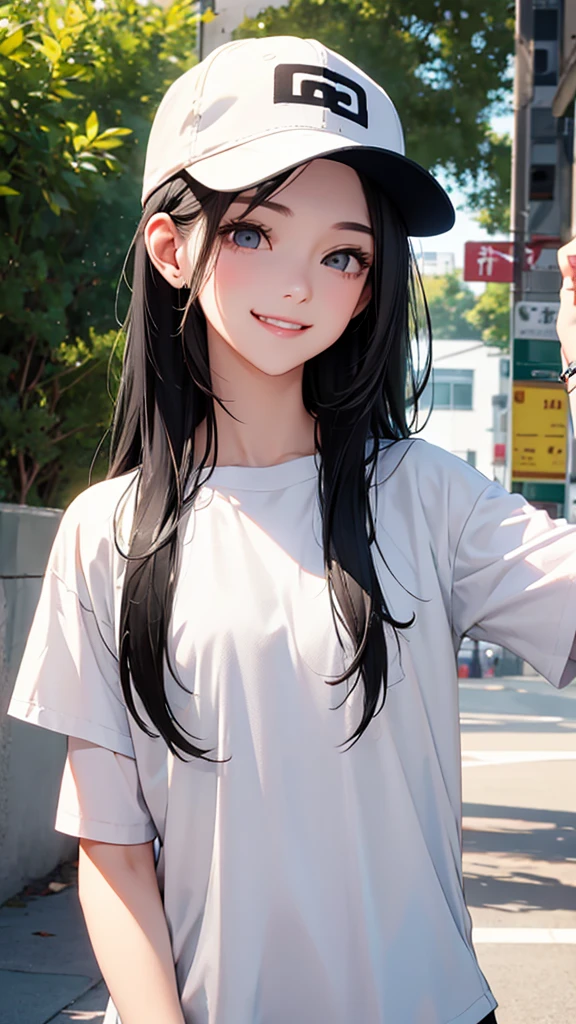 highest quality、realistic、girl、zoom、cute、light gray eyes、black hair、long straight hair、white t-shirt、Large black baseball cap、Wear a cap low on your eyes、cheerful smile、face close up、slender