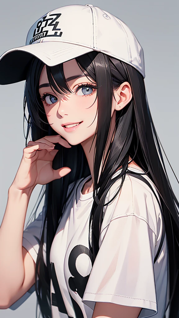 highest quality、realistic、girl、zoom、cute、light gray eyes、black hair、long straight hair、white t-shirt、Large black baseball cap、Wear a cap low on your eyes、cheerful smile、face close up、slender