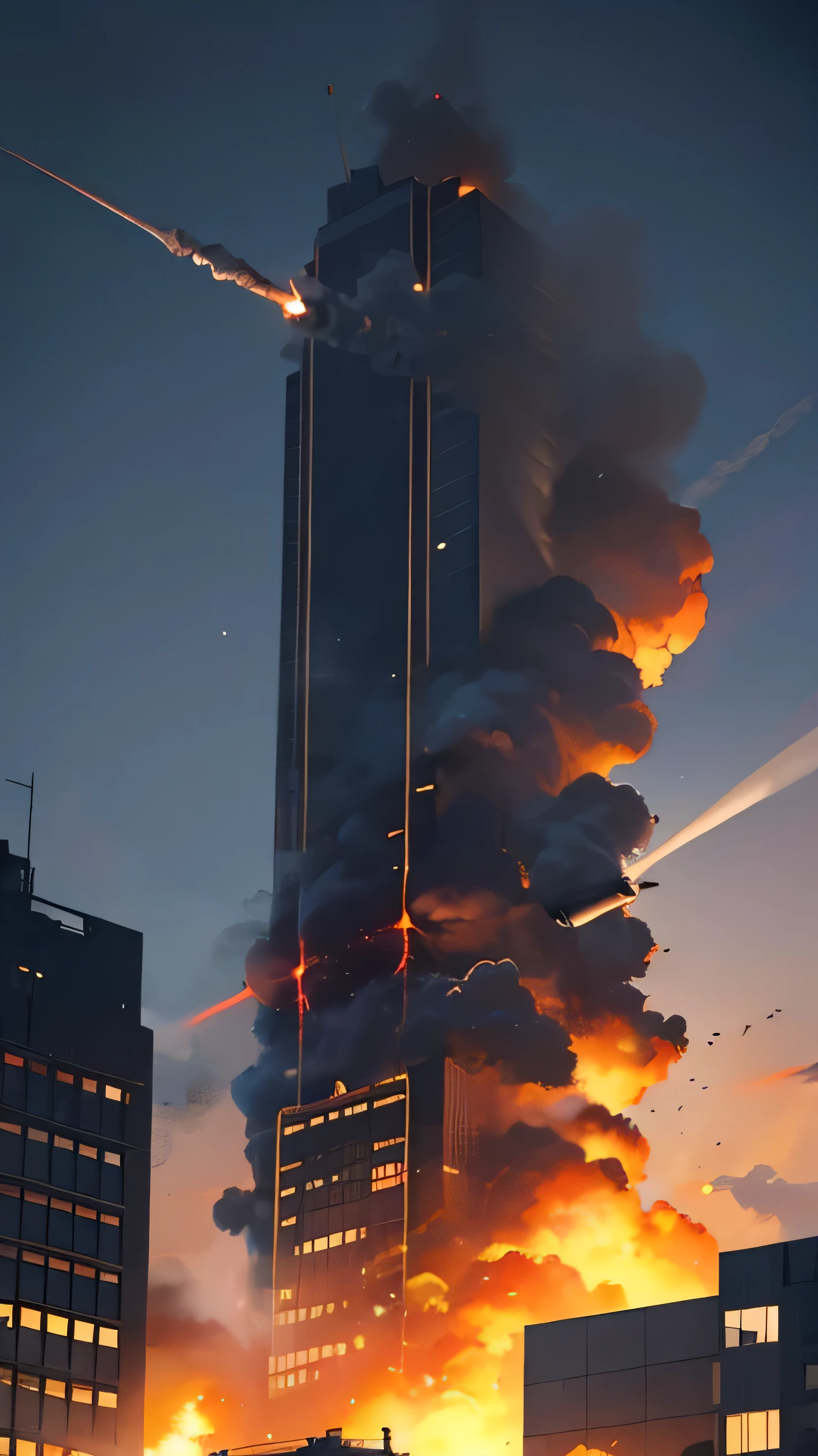 a missile bomb attack hit the building, the building caught fire, smoke, building burns, night sky, 8k