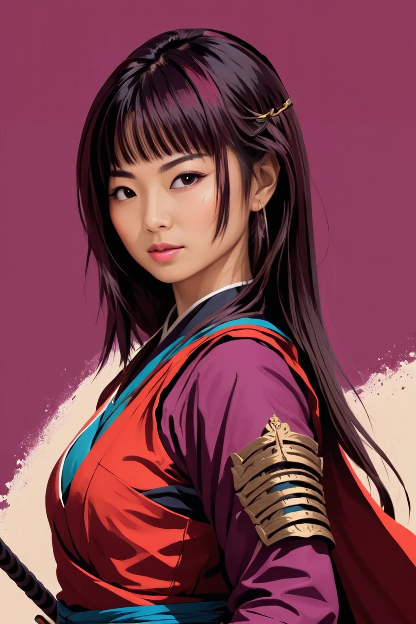 Japanese woman warrior, digital artwork, bold lines, vibrant, saturated colors 