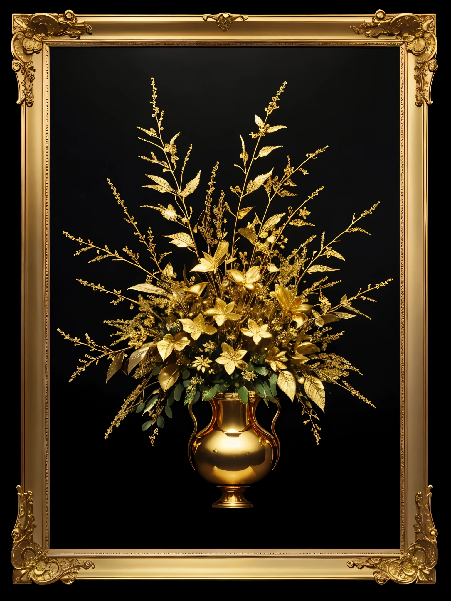 (masterpiece, best quality), best resolution, gold leaf arrangement on black background