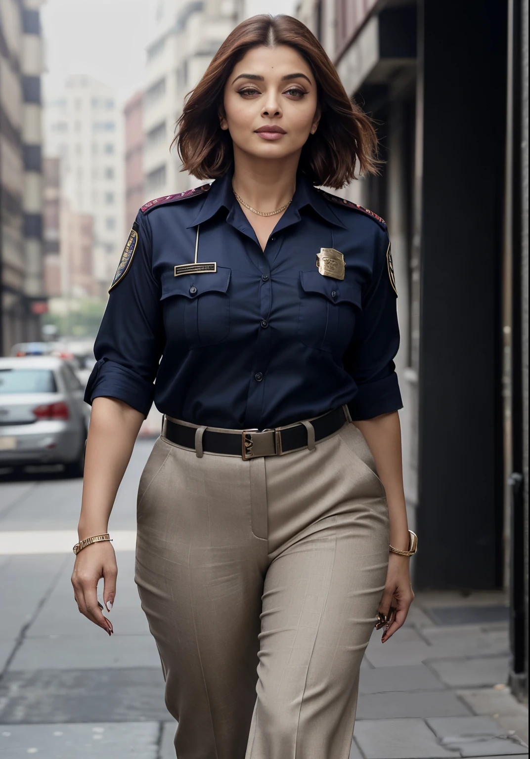 50yo mature MILF Aishwarya Rai as weapons specialist police officer, red cotton police uniform, unbuttoned shirt, ((ankle boots)), bob cut hair, mature athletic curvaceous milf body, ((catwalk in daylight in street)), hourglass milf figure, medium breasts, (((seductive expression))) on her face, look straight at camera and ((wink)), soft volumetric lights, intricate details, (ArtStation:1.2)