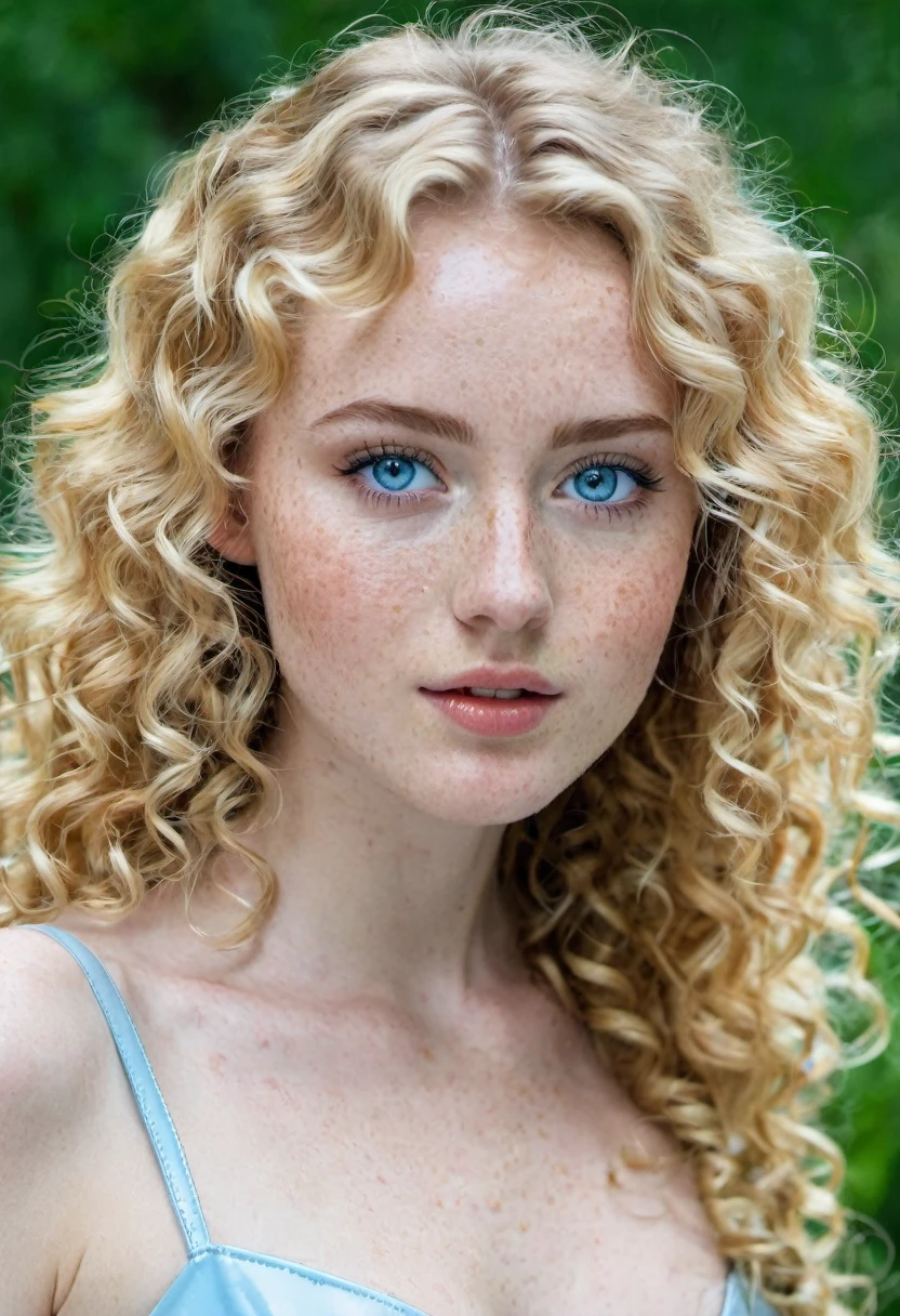 European teenager, 25 years old, light blue eyes, delicate freckled skin, long curly blonde hair, beautiful princess body, long latex dress.