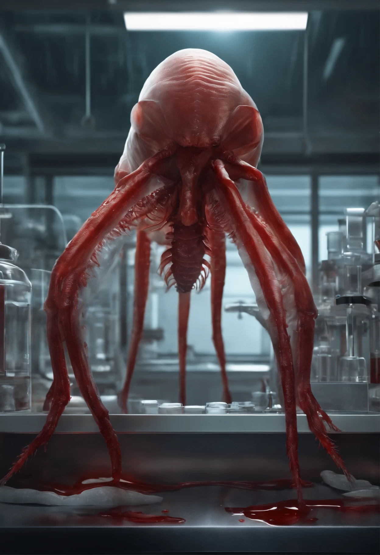 transparent creature with red blood, being observed in a laboratory by scientists,illustration,ultra-detailed,highres,realistic, portraits, vivid colors,studio lighting,sharp focus,physically-based rendering,creature anatomy,scientific research, microscopes, blood samples, laboratory equipment, intense gaze from scientists, scientific fascination, artistic portrayal, scientific exploration, contrasting colors, soft light, gloomy atmosphere, intricate details, detailed textures