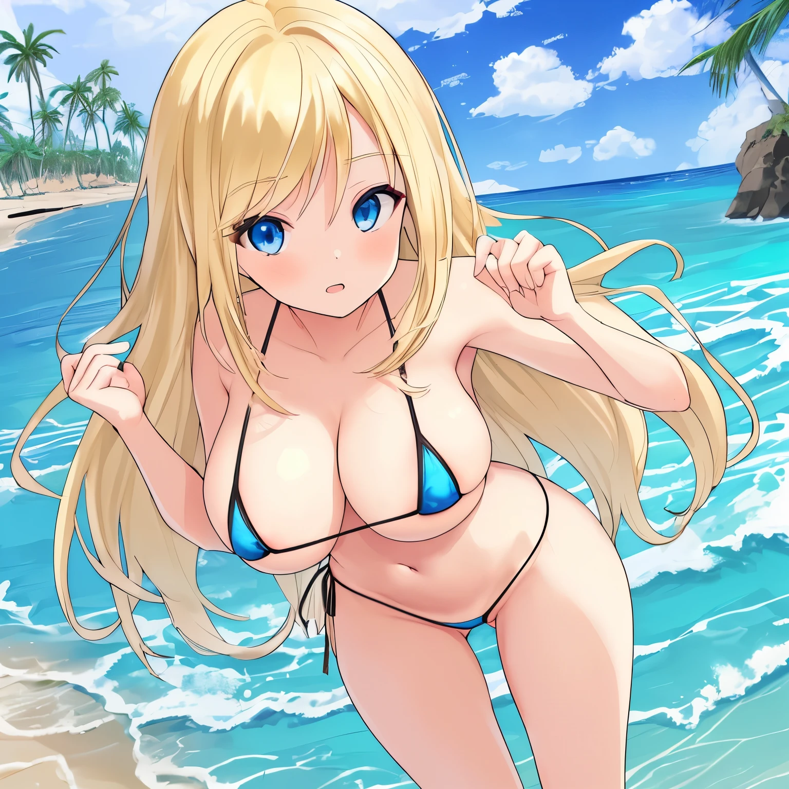 1woman, waist length natural blonde hair, blue eyes, big large breasts, micro Bikini, beach