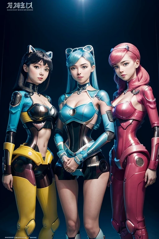 A robot mother and two teenage robot daughters on a magazine cover,
 Everyone has a pretty face and remains a cute human being.，
 All 2WD girls,
 All of them have roller skates－It is,
 Bright colors, High resolution, realistic depiction, ビクトリア朝Mr.式, Looking forward, Bonds of love, Mr.々Frame with a simple shape, enchanting smile, beauty of nature, professional lighting, modern style, artistic composition, Victorian beauty, professional lighting, modern style, artistic composition, full body shot