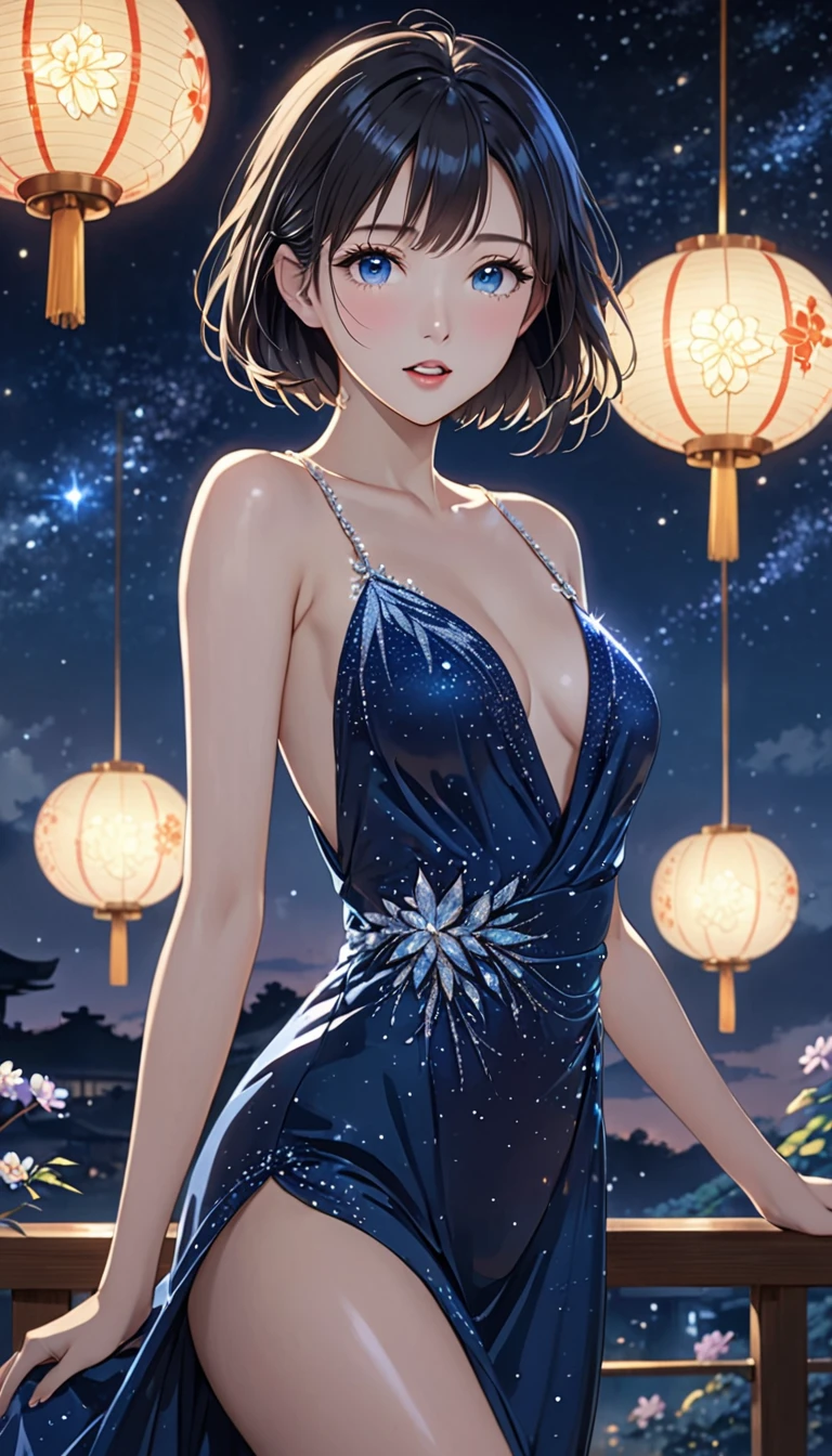 National Science Foundation,masterpiece,High resolution,digit,Kyoto Animation Style,your name movie style,Facing the camera,night,midnight,Light,(1 female: 1.3),(alone: 1.4),閃閃發Light的晚禮服,Swarovski crystals on evening gown,long eyelashes,slender legs,short bob,sexy pose,Close-up of upper body,close view,night星空,Eyes as deep as the starry sky,Blushed,open mouth