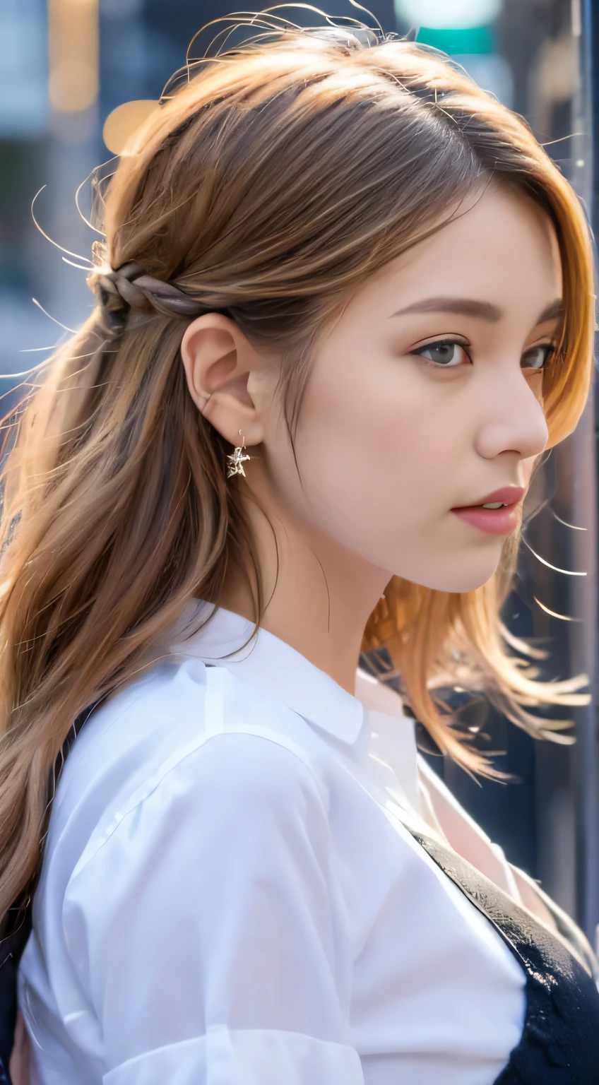 ((highest quality, 8K, masterpiece: 1.3)), sharp: 1.2, perfect body beauty: 1.4, slim abs: 1.2, ((layered hairstyles, big breasts: 1.2)), (Wet White Button Long Shirt: 1.1), (rain, street: 1.2), Wet: 1.5, Highly detailed face and skin texture, fine eyes, double eyelid, profile looking at camera