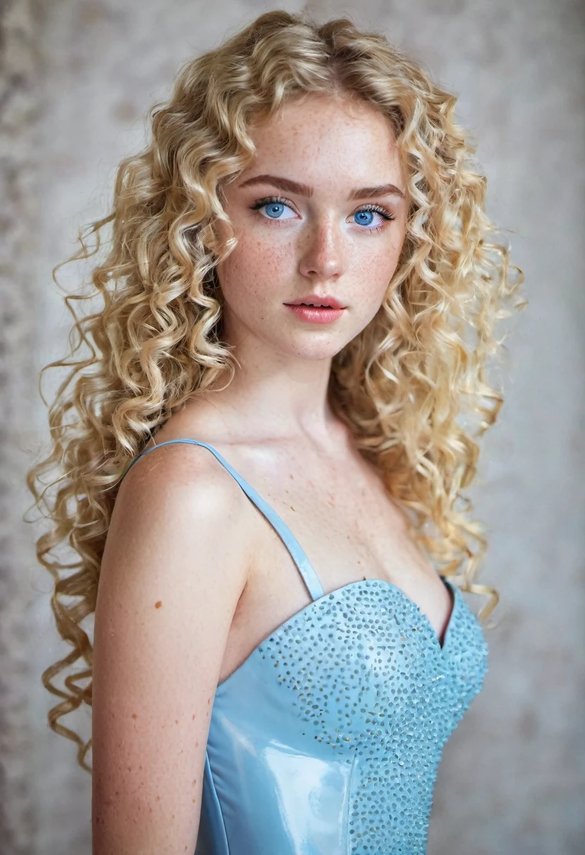 European teenager, 25 years old, light blue eyes, delicate freckled skin, long curly blonde hair, beautiful princess body, long latex dress.
