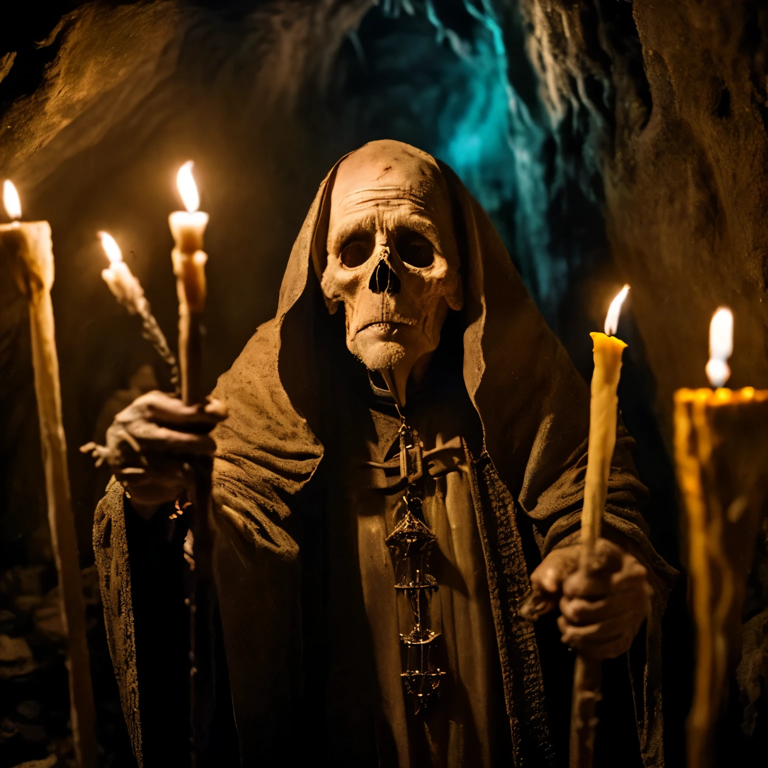 medium shot photography of a priest Lich with a bizarre inside a catacomb, a lot of candles, sharp focus