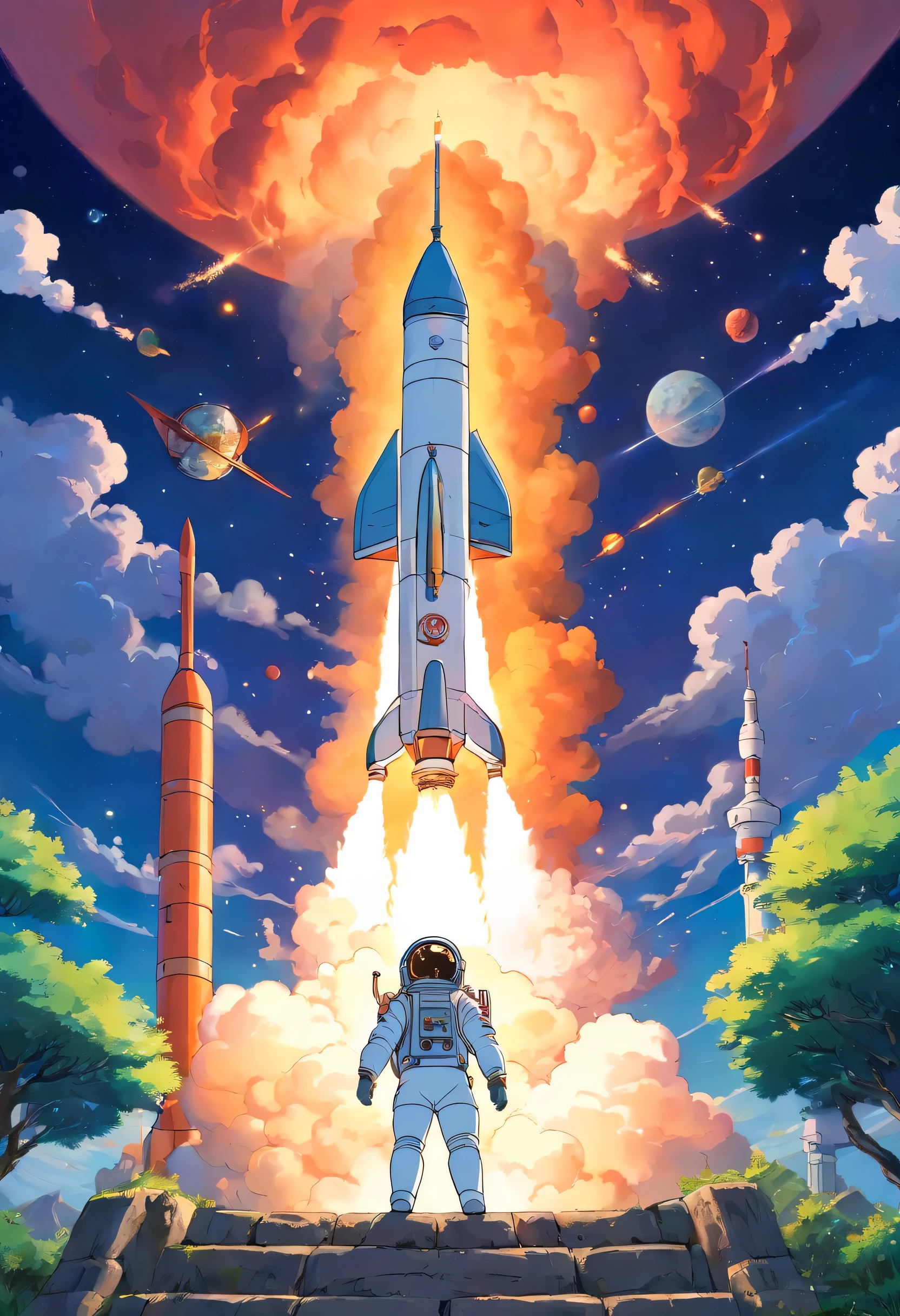 Chinese style,rocket launching into the sky,astronaut, space,4k comic illustration, cartoon,masterpiece,Shocked,precise