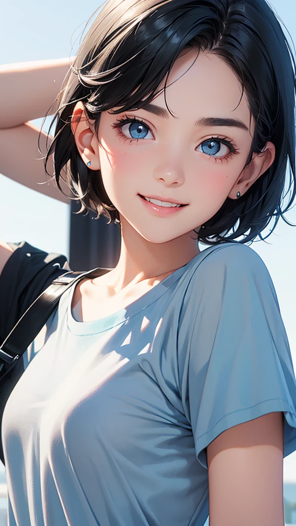 highest quality、realistic、girl、zoom、look up、cute、light gray eyes、black hair、very short hair、light blue t-shirt、cheerful smile、face close up、slender