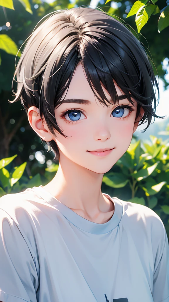 highest quality、realistic、girl、zoom、look up、cute、light gray eyes、black hair、very short hair、light blue t-shirt、cheerful smile、face close up、slender