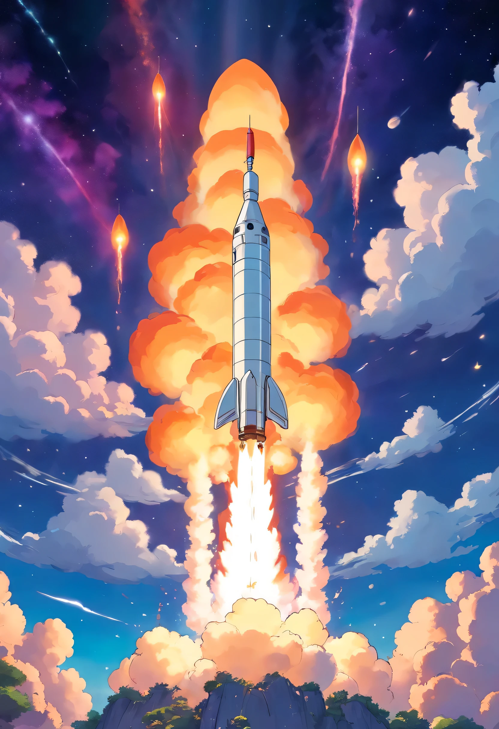 Chinese style，rocket launching into the sky，astronaut, space，4k comic illustration， cartoon，masterpiece，Shocked，precise