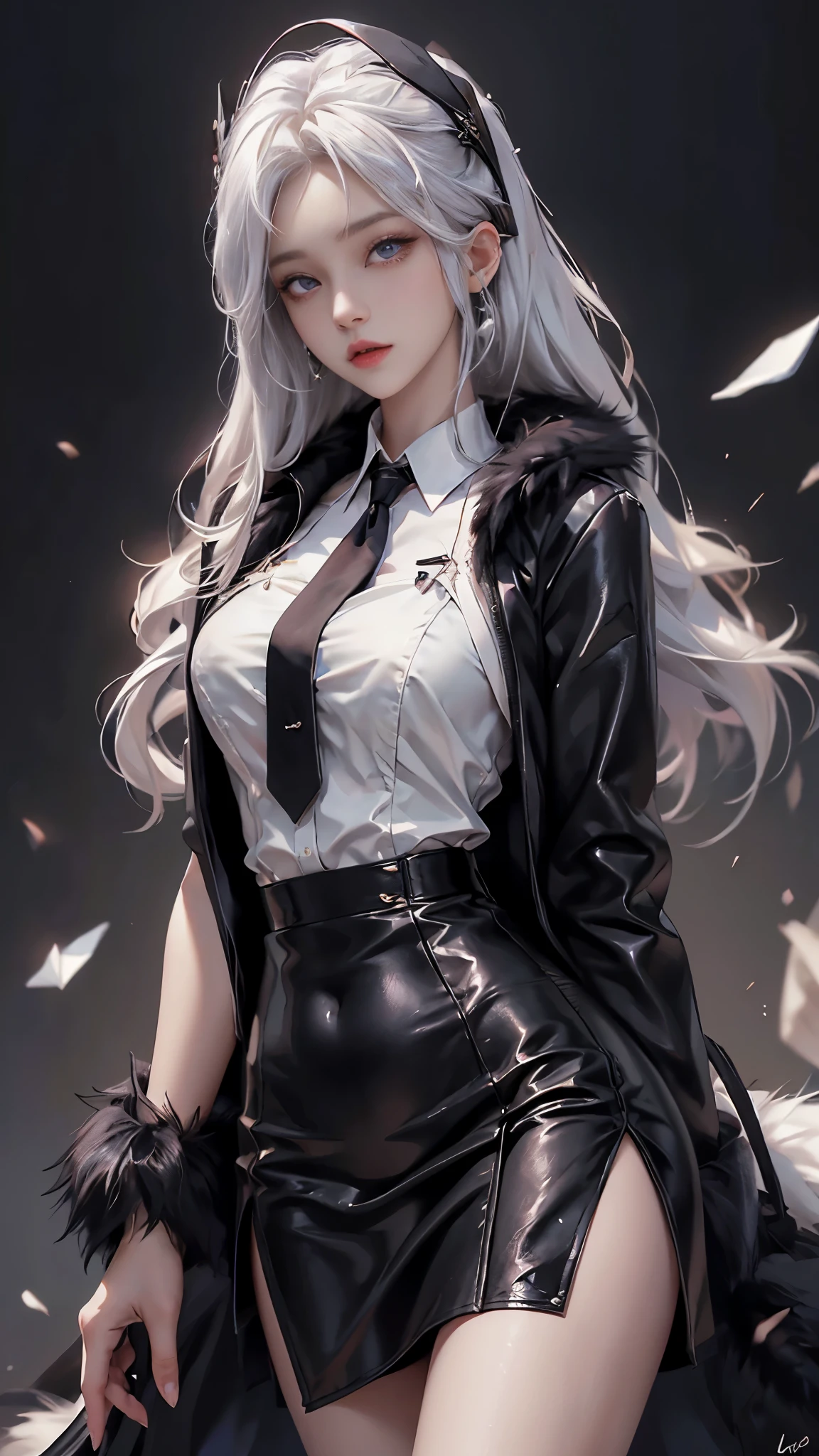photorealistic, high resolution, soft lights, 1women, solo, hips up, blue eyes, white hair, long hair, close lips, collared shirt, black necktie,black skirt, pencil skirt, fur coat, stockings