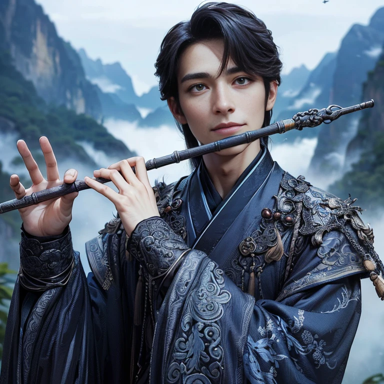 (Best Quality:1.2), (high resolution:1.2), (beautiful face and eye:1.2), (sharpest focus:1.2), (Ultra-realistic Photo:1.2), (Ultra-precise Photo:1.2), (Depth of field:1.2), (8k high resolution:1.2), (perfect ???????:1.2), (nice hands:1.5), 
(perfect hands:1.5), (Very young and masculine and dignified and beautiful Chinese male:1.5), (Beautiful nobleman:1.0), (A beautiful nobleman:1.0), (A shiny black hermit-like garment with fancy embroidery:1.0), (A gentle smile:1.3), 
(Playing an iron flute:1.5), (A secluded hermit-like place deep in the mountains of China:1.0), (A mysterious fairyland:1.2), (Birds and animals gathered to listen to the sound of the flute:1.3), (Looking up angle:1.0), 