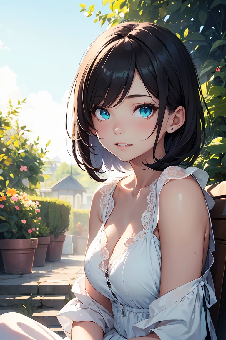 (highest quality, High resolution, realistic),Cute medium bob girl with blushing face,kneel in a blooming garden,adorable, Lovely, attractive,love, cleavage、peaceful atmosphere,wood々Soft sunlight shining in from between,breeze, Tender flowers,How to create captivating scenes.[figure], nsfw, sigh, 