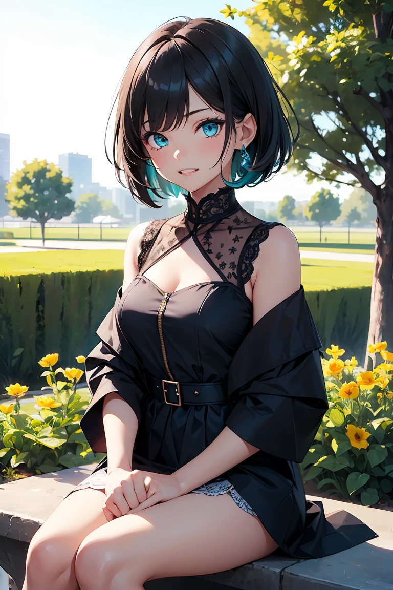 ((1 girl)), latest trend clothes, daughter, sit, sharp expression, White dress with lace, trimmed bangs, garden, cowboy shot,((Super detailed,highest quality, High resolution, 8k wallpaper, beautiful clothes,)),((black hair, short cut hair,straight hair)) , (teeth), Grinning face, eye shadow, eyeliner,Glow Eye, highly detailed eyes, clear eyes, beautiful eyes, ((shining aqua blue eyes)),18 year old girl.