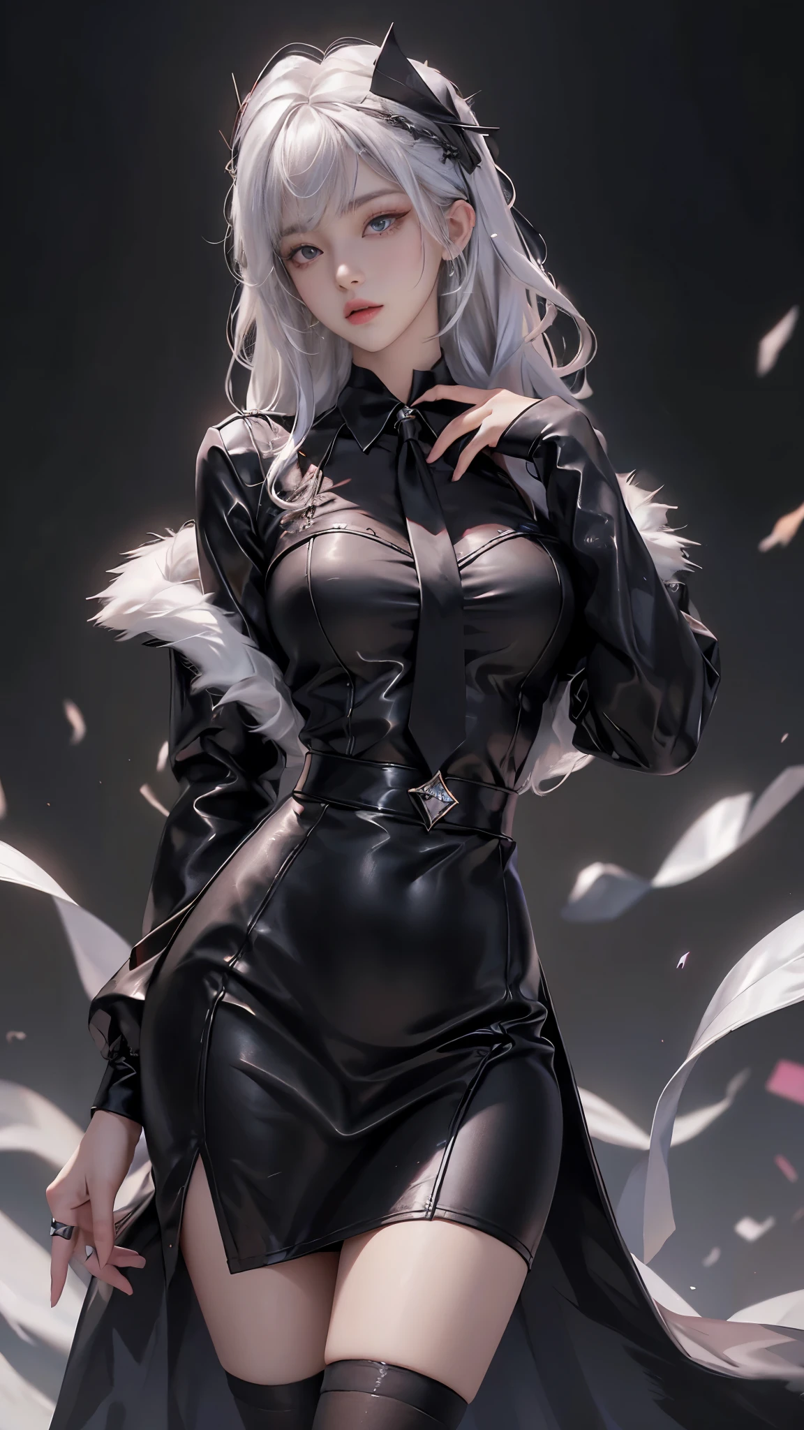 Photorealistic, high resolution, 1 Women, Solo, Hips up,(Lolita costume), Beautiful eyes, White hair, ringed eyes, Collared shirt,black necktie,Black skirt, pencil skirts, Fur coat
