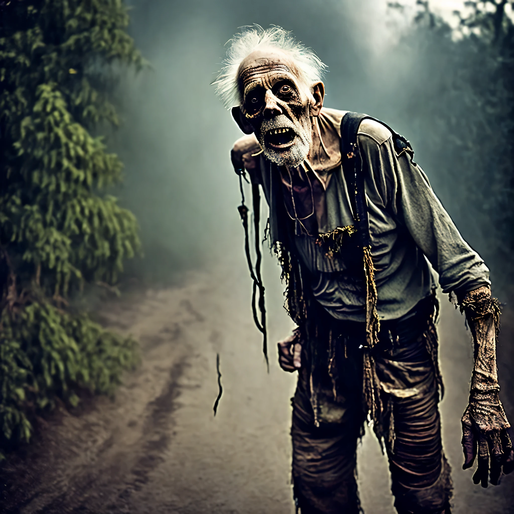 photoreal, old guy like zombie, thin body, , wearing tattered border pants with suspenders, bizarre long knife, suspicion magic fog, darkness lighting, laugh:1.5