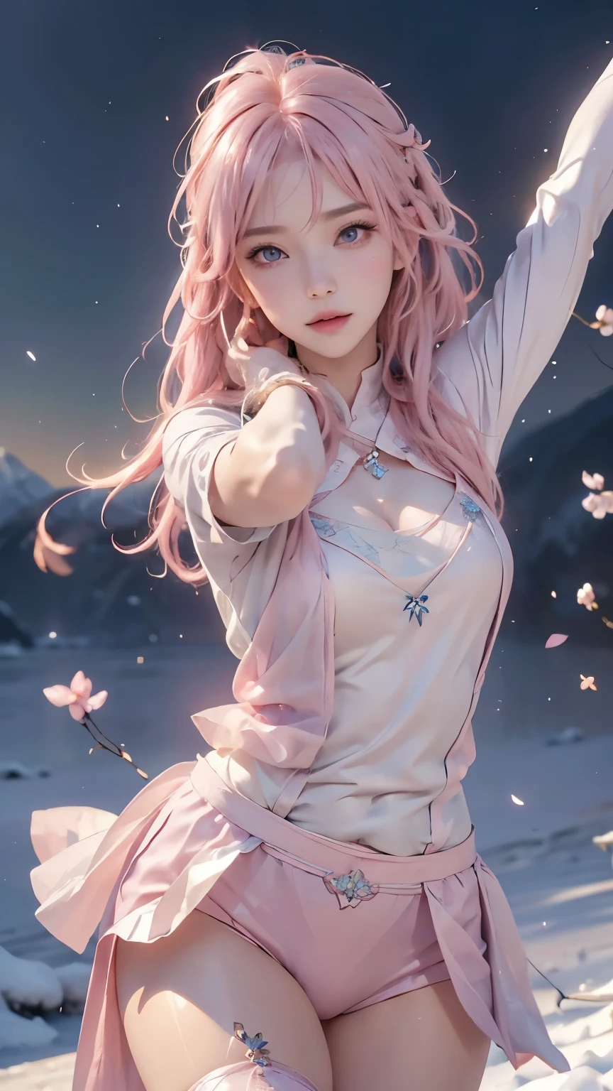 (logo、masterpiece、8k、table top、RAW photo、wonderful、最high quality、Photorealistic and hvery detailed CG integrated 8k wallpaper、high quality、very detailed、Narrative poem、particle effects、dynamic effects、written boundary depth、cinematic light、Lens flare、ray tracing)、fantasy、 (1 beautiful woman、light pink hair、beautiful face、real face、beautiful detailed eyes、beautiful skin、woman dancing gracefully:1.7、woman dancing gracefully:1.7)、Hair flutters in Wind、hair bouncey hair dances in the wind、hair jump、halter neck、leather pants、leather jacket、silver earrings、night、Wind、darkness、snow and hoarfrost、very cold winter day、snow-capped mountainや森、hoarfrost、snow-capped mountain々、The beauty and brilliance of frost-covered trees、Serenity and beauty meadow of ice and snow world、vast land、Lakeside、wonderful scenery、Beautiful natural wind scenery、night sky、Wind、cherry blossoms、cherry blossomsの花びらが舞っている、SakuraFubuki、falling petals
