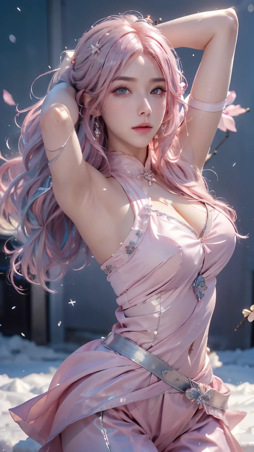 (logo、masterpiece、8k、table top、RAW photo、wonderful、最high quality、Photorealistic and hvery detailed CG integrated 8k wallpaper、high quality、very detailed、Narrative poem、particle effects、dynamic effects、written boundary depth、cinematic light、Lens flare、ray tracing)、fantasy、 (1 beautiful woman、light pink hair、beautiful face、real face、beautiful detailed eyes、beautiful skin、woman dancing gracefully:1.7、woman dancing gracefully:1.7)、Hair flutters in Wind、hair bouncey hair dances in the wind、hair jump、halter neck、leather pants、leather jacket、silver earrings、night、Wind、darkness、snow and hoarfrost、very cold winter day、snow-capped mountainや森、hoarfrost、snow-capped mountain々、The beauty and brilliance of frost-covered trees、Serenity and beauty meadow of ice and snow world、vast land、Lakeside、wonderful scenery、Beautiful natural wind scenery、night sky、Wind、cherry blossoms、cherry blossomsの花びらが舞っている、SakuraFubuki、falling petals