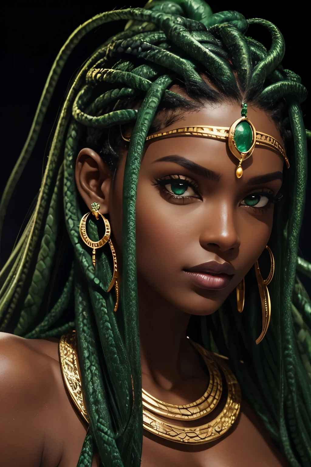Medusa head, snakes hair, dark skin, emerald on the forehead, large golden earrings