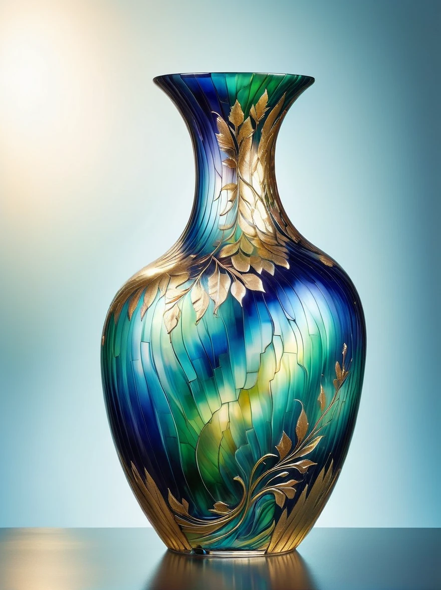 (Gold Leaf Art:1.9), A delicate vase made of Art Murano glass，Glittering in various shades of blue and green in the golden morning sun，The beautiful patterns on the vase are like graceful curves，Like a melody in a dance，Vase with delicate and colorful flowers，As if under the charming charm of nature，They bloom into life in a whimsical magical garden。