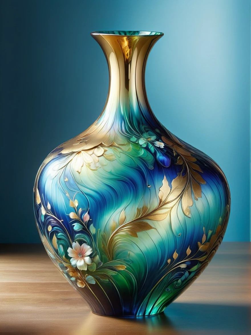 (Gold Leaf Art:1.9), A delicate vase made of Art Murano glass，Glittering in various shades of blue and green in the golden morning sun，The beautiful patterns on the vase are like graceful curves，Like a melody in a dance，Vase with delicate and colorful flowers，As if under the charming charm of nature，They bloom into life in a whimsical magical garden。