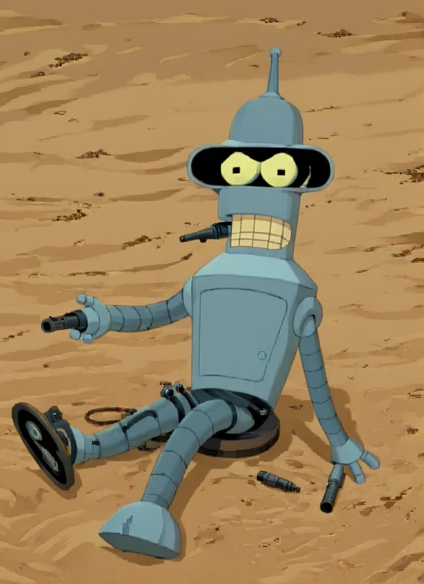 Bender holding Gun sitting at Floor in Desert, Style of Futurama