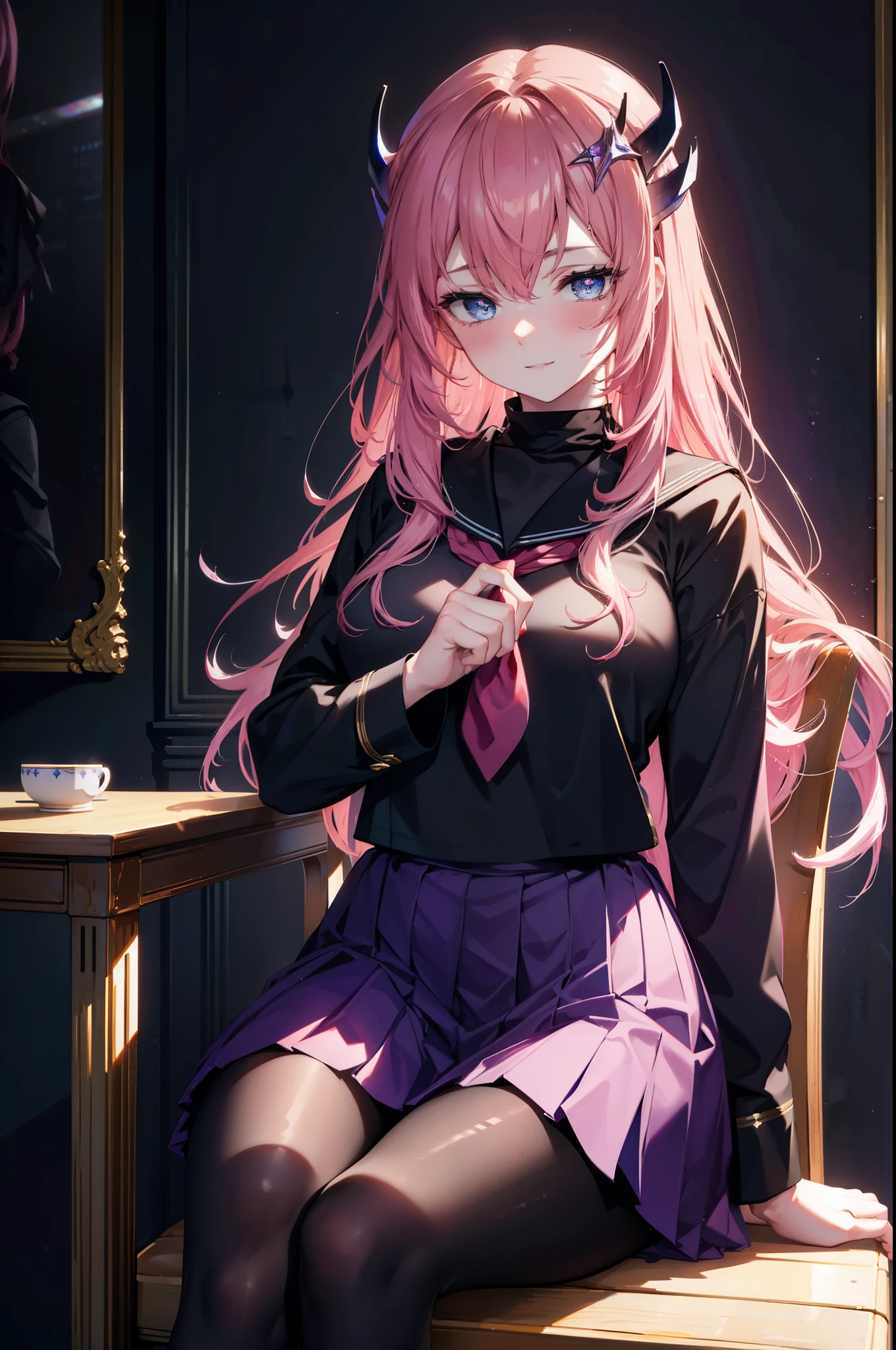 Laxclin, Klein Lake, (purple eyes:1.1), hair ornaments, long hair, wave hair ornaments, pink hair, happy smile, smile, open your mouth,Black Sailor Suit,Black pleated skirt,Black pantyhose,brown loafers,sitting cross-legged on a chair,Looking at the viewer from below, (cowboy shot:1.5),
break outdoors, Destroy the classroom (masterpiece:1.2), highest quality, High resolution, unity 8k wallpaper, (figure:0.8), (detailed and beautiful eyes:1.6), highly detailed face, perfect lighting, Very detailed CG, (perfect hands, perfect anatomy),