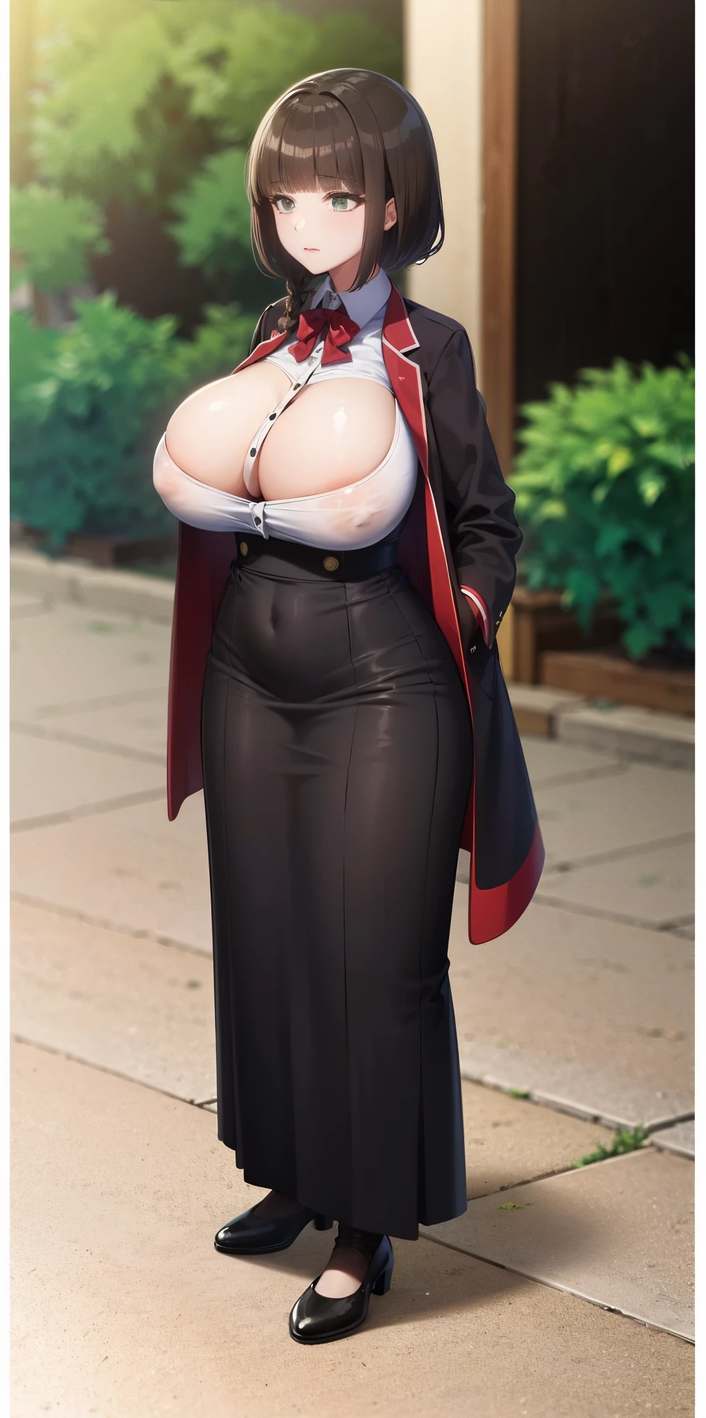 FEMALE, big breasts, voluminous breasts, curvy breasts, mesh stockings, standing with a bouquet (red roses), full height, bottom view, best quality, very detailed, ultra 8k resolution,huge breast, coat , vest, long skirt, portrait, full body, victorias clothing, long dress, knight, pants, black skinn suit, medieval city, plants, vest,polo shirt, forest, long skirt